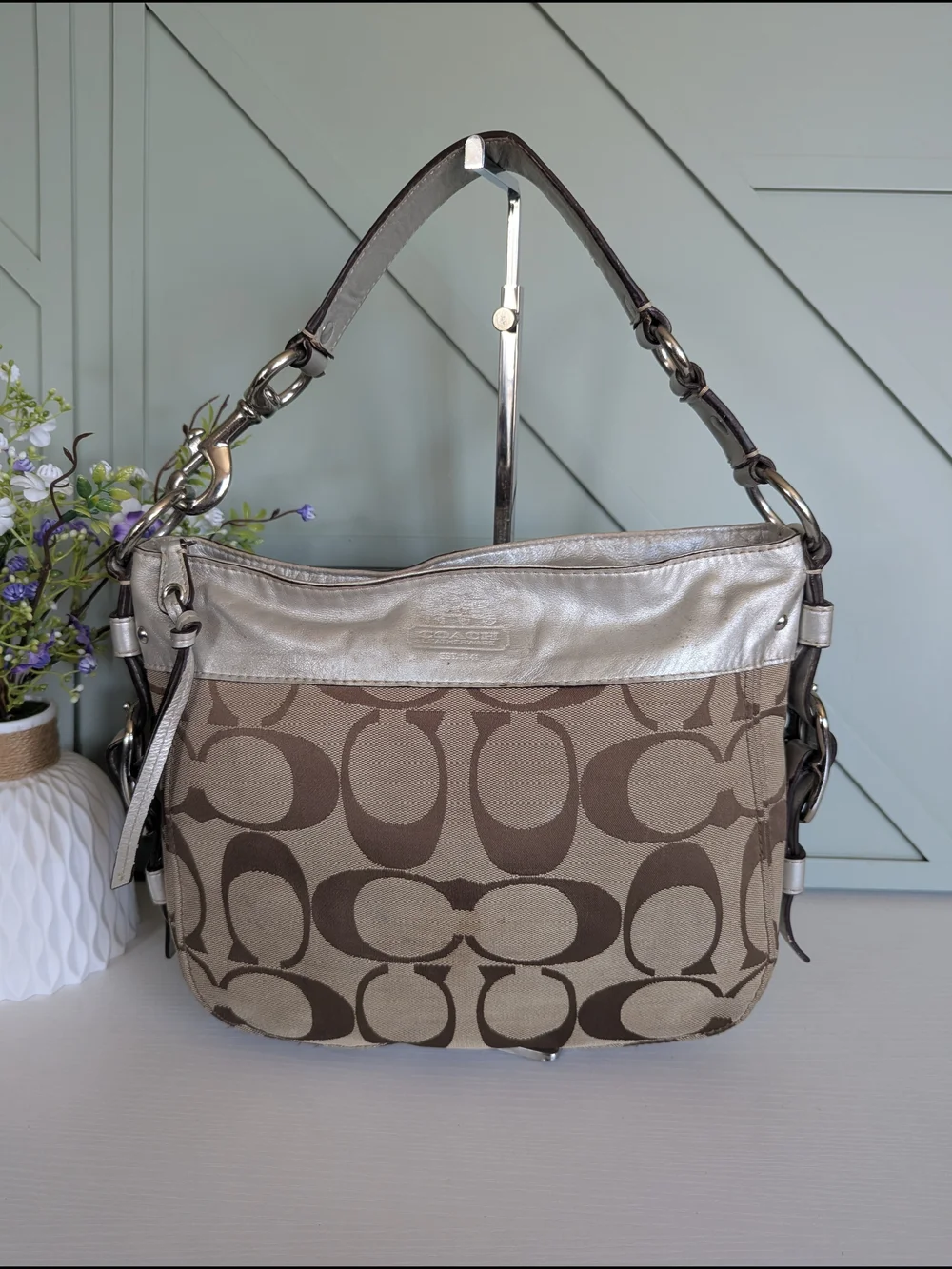 Coach Signature Canvas Hobo Bag in Brown and Metallic Taupe
